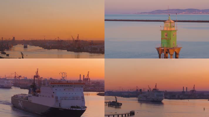 4k航拍爱尔兰都柏林港口黄昏时分景色