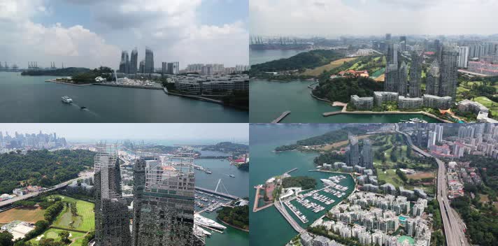 4k航拍新加坡吉宝湾海滨建筑楼宇CBD自然景