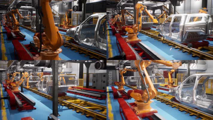 4k汽车工厂车身骨架机器人自动焊接作业