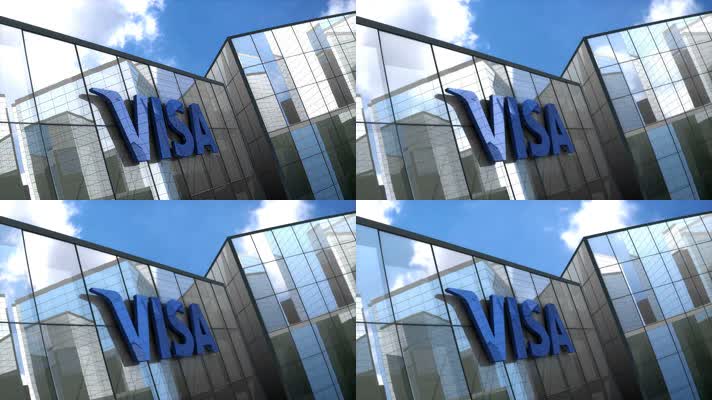 4K超清玻璃幕墙蓝天白云企业VISA标志LOGO