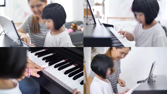 4K妈妈教宝贝弹钢琴小女孩弹琴按琴键