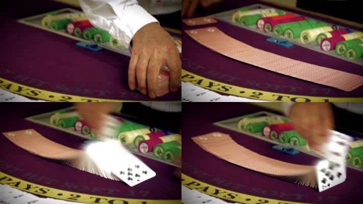 赌场荷官赌桌上洗扑克牌技巧教程慢动作镜头