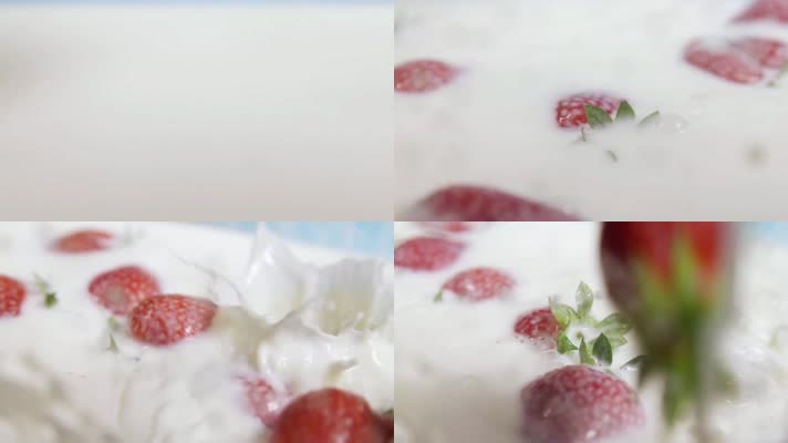 高清倒牛奶乳制品草莓慢动作