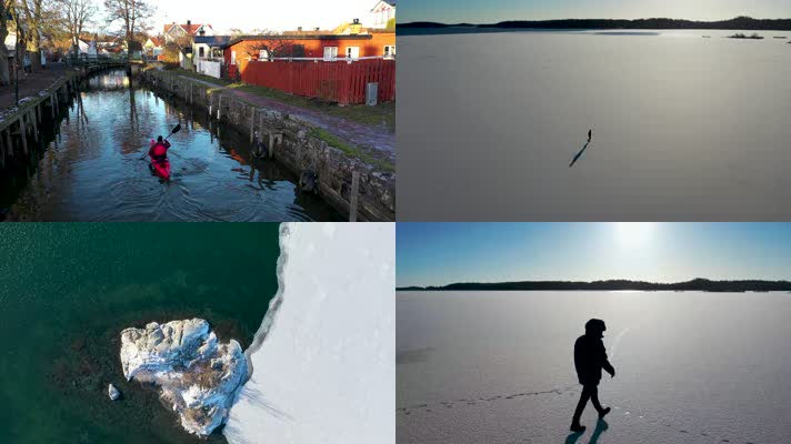 4k航拍瑞典群岛海滨冬季冰川绝美自然风光