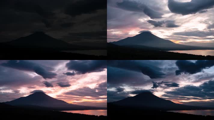 4k航拍日本富士山绝美湖面晚霞夕阳