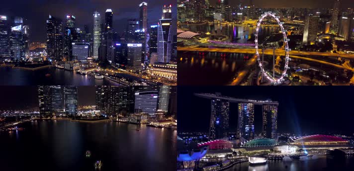 4k航拍新加坡海滨城市建筑楼宇CBD夜景风光
