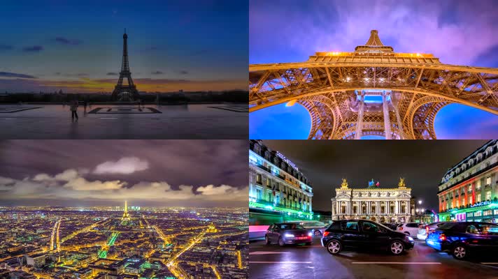 4k法国巴黎城市建筑交通夜景灯光延时