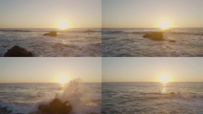 航拍夕阳下大海海浪