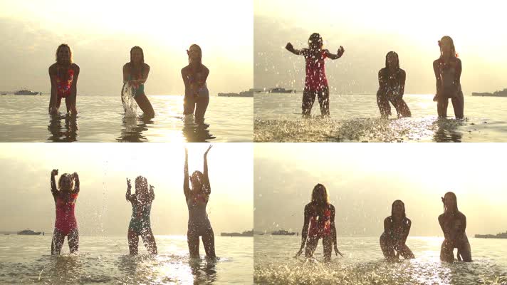 女孩 玩水 快乐 海滩 
