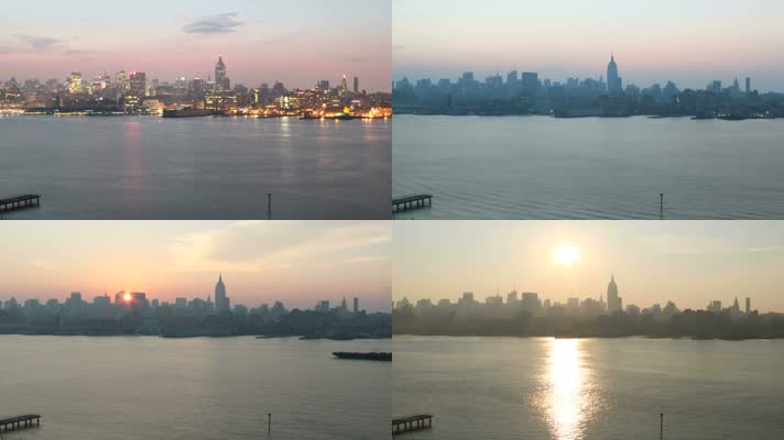 实拍江边城市名胜风景太阳升起