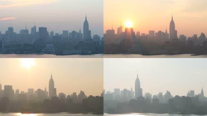 实拍雾霾城市太阳升起