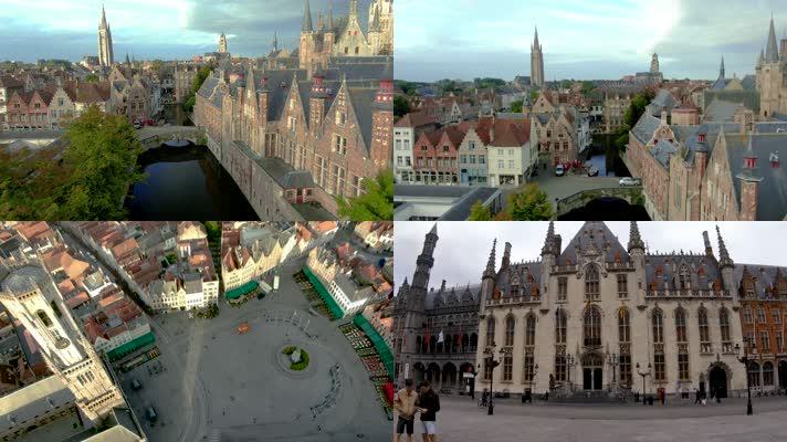 4k航拍比利时布鲁日城市建筑街头旅游人文风