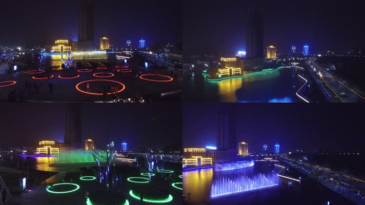 航拍 许昌市 东湖公园 夜景 喷泉