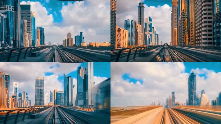 4k迪拜火车后排乘客视野沿途城市高楼大厦都