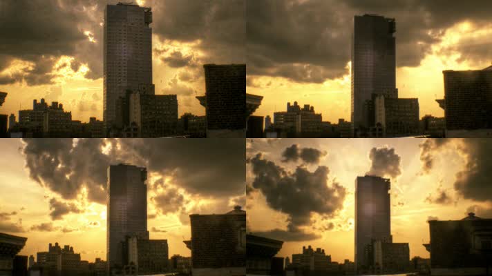 黄昏夕阳下的城市建筑延时拍摄