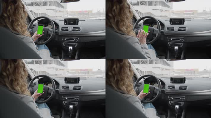 美女在汽车内使用智能手机 绿屏抠像