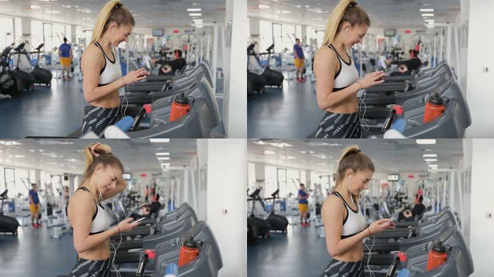 外国美女健身房跑步机锻炼 有氧运动