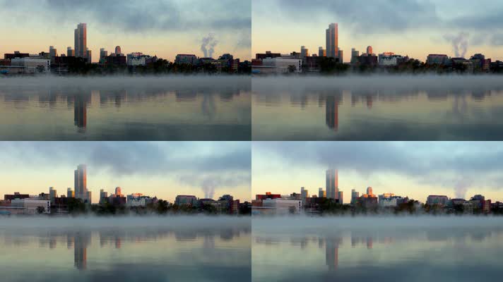 城市湖水雾气腾腾
