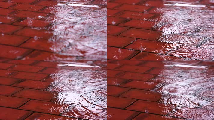 大雨滴落在红砖道路上4K实拍