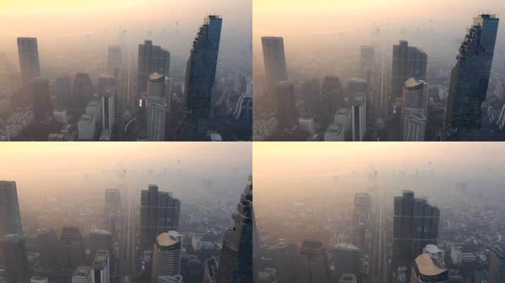 4k航拍清晨雾霾中的城市