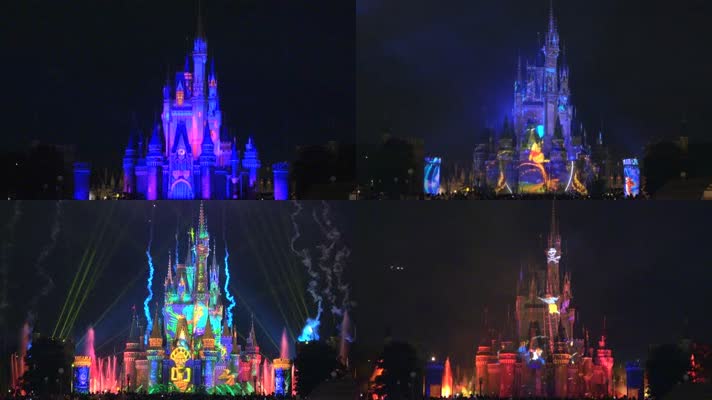 迪士尼乐园夜晚烟花3D灯光秀4K实拍