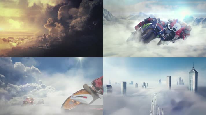 摩托车比赛穿梭天空云层城市建筑