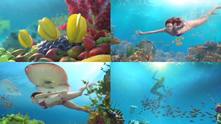 美丽海底世界水果美女潜水游泳大海3D动画