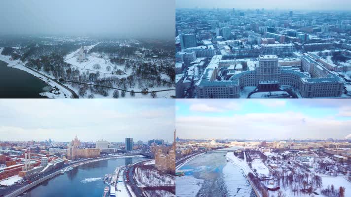 4K莫斯科冬季雪景城市风光航拍