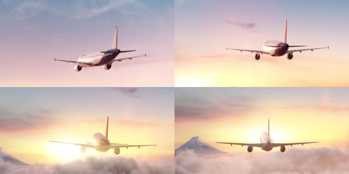 夕阳云层中的客机航班飞行