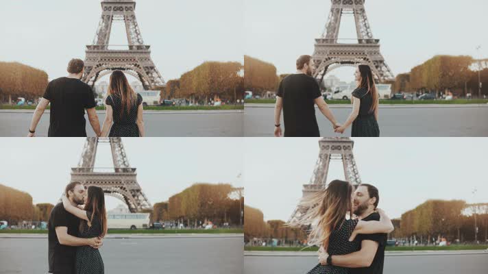 情侣巴黎埃菲尔铁塔牵手拥抱接吻