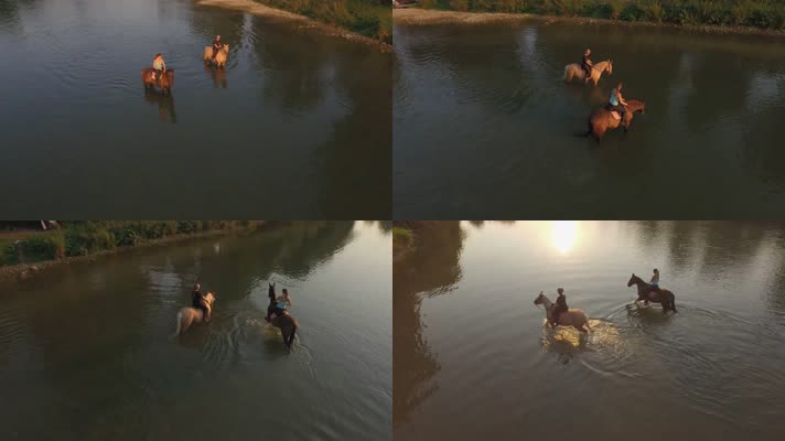 航拍水中骑马