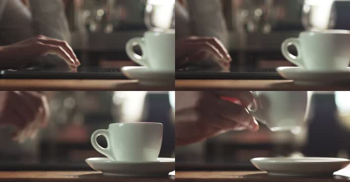 手指敲击屏幕喝咖啡