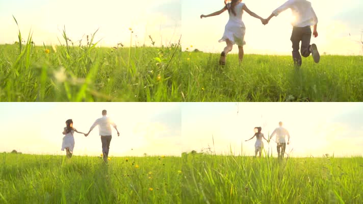 情侣手拉手迎着阳光在草原上奔跑
