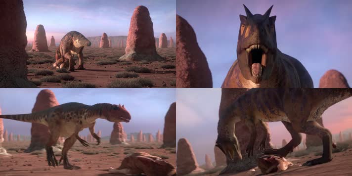 侏罗纪恐龙食蜥王龙抢夺异特龙食物三维动画