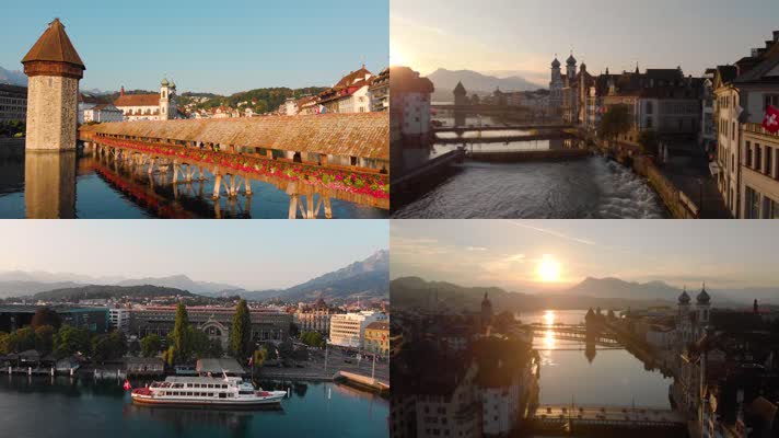 4k航拍瑞士卢塞恩城市建筑交通楼宇河流道路