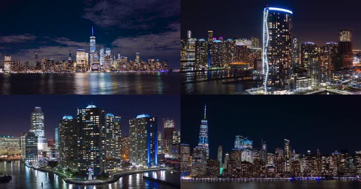 4k航拍美国纽约城市建筑楼宇夜景海滨自然延