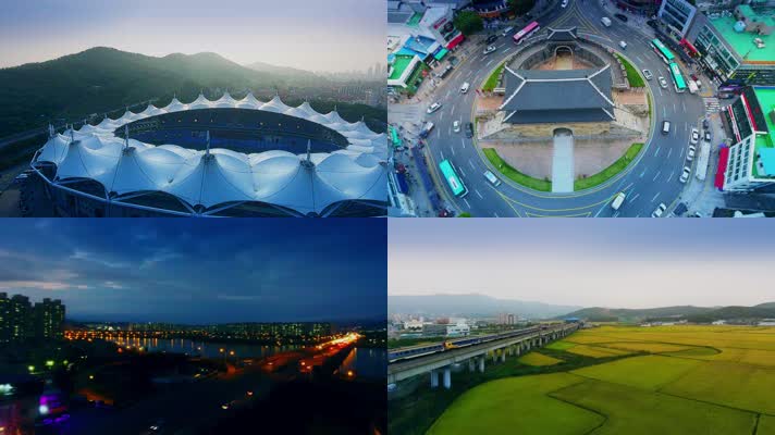 4k航拍韩国南部城市建筑交通海滨自然风光