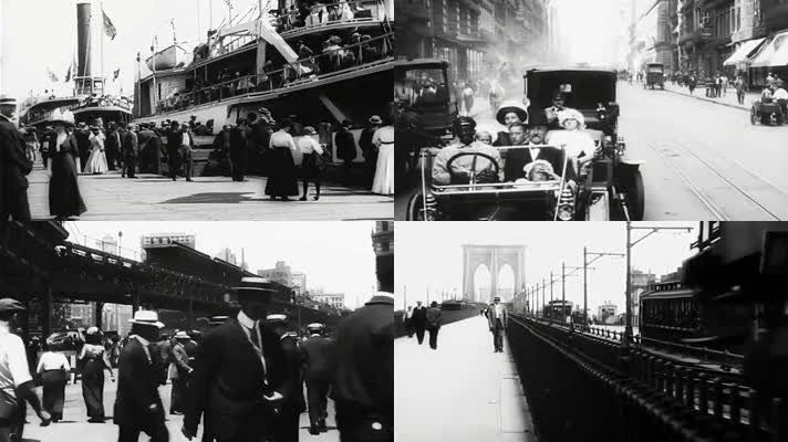早期欧洲欧美美国纽约街头码头闹市场景