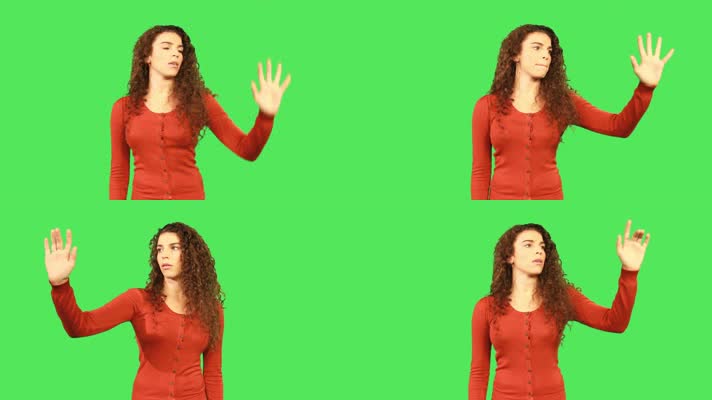 女子虚拟触摸 触摸屏幕 绿布 