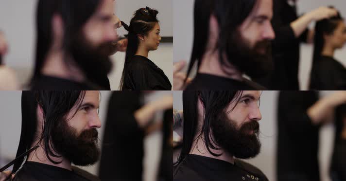 长发男子在理发 理发店 护理头发 4K视频