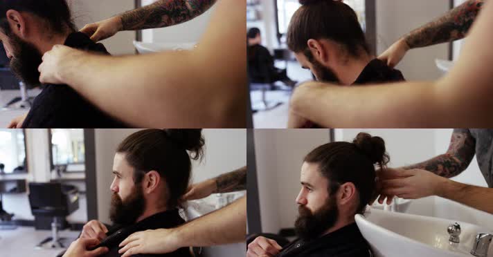 男子剪发洗头发 4K视频