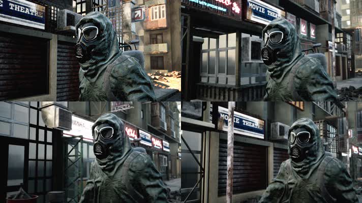 一个戴着防毒面具的军人走过一座废墟城市