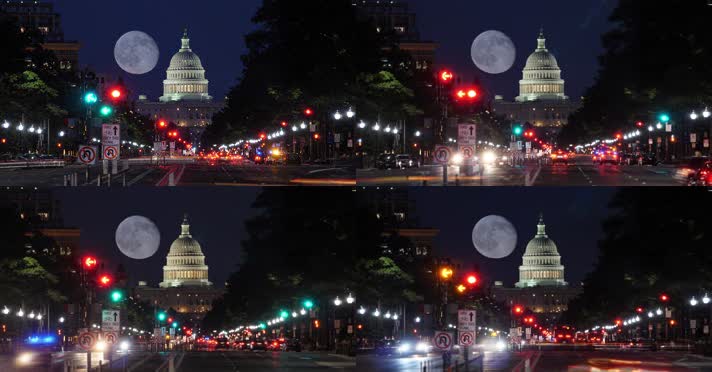 白宫 美国 月亮 车流 车灯 