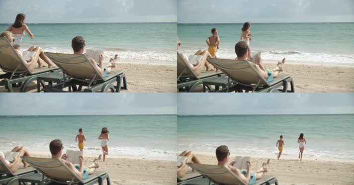 一家人海边度假 日光浴 4K视频