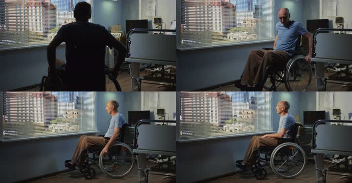 病房里的轮椅老人 窗前静坐  4K视频