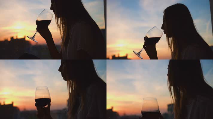 夕阳下喝红酒的美女 4K视频