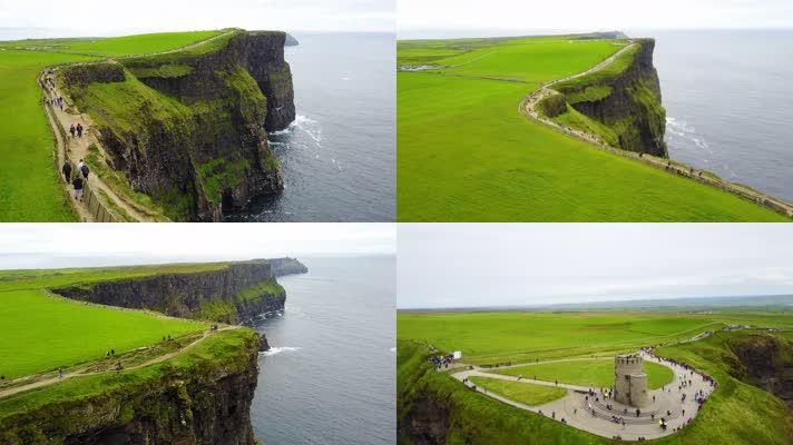 4k航拍冰岛莫赫悬崖旅游景区游客人文自然风
