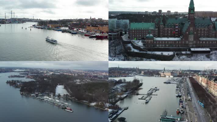 4K航拍瑞典河流建筑风景