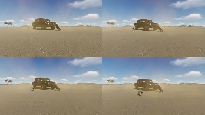 男子沙漠上依靠吉普车做俯卧撑 