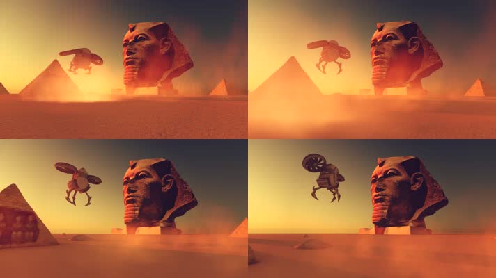 埃及法老雕塑上空的无人机 